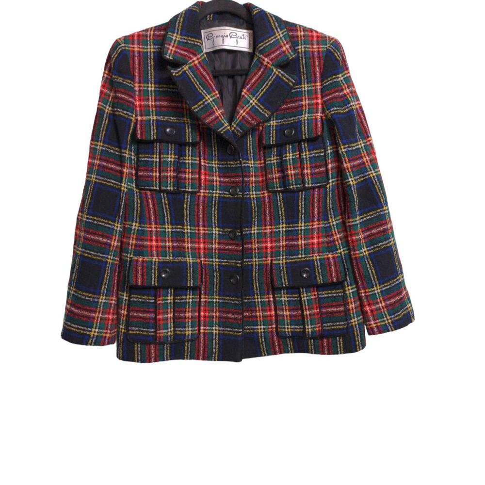 Giorgio Grati Womens Blazer Red Black Plaid Buttons Flap Pockets Italy VTG L-XL